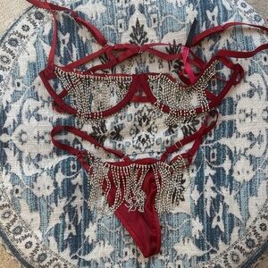Women's Burgundy Rhinestone Fringe Lingerie Set